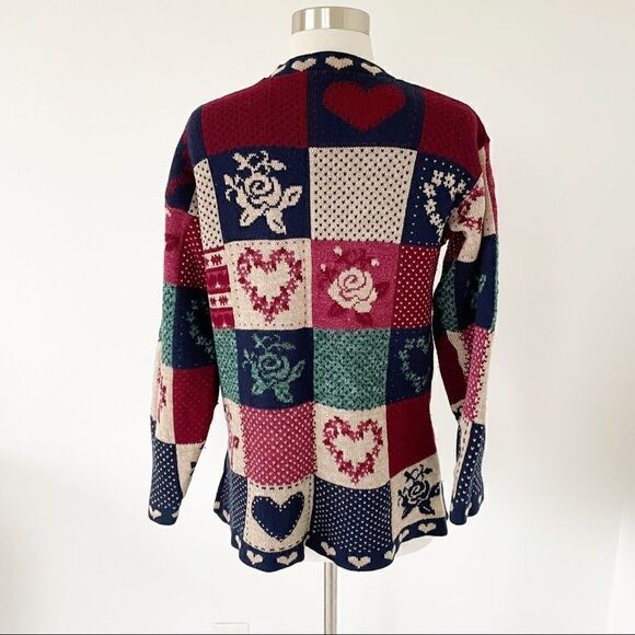 Vintage Crewneck Pullover Knit Sweater Floral Heart Patches Women Size XS Small - Picture 2 of 7